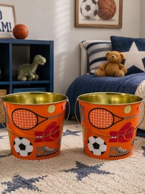 Set of 2 Orange Sports-Themed Metal Buckets